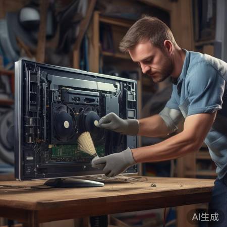 电视内部清洁，拔电拧盖刷尘。