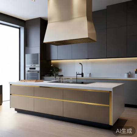 极简线条，中岛油烟机，时尚厨房