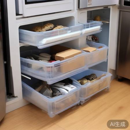 冰箱下方巧收纳，闲置物品有序放