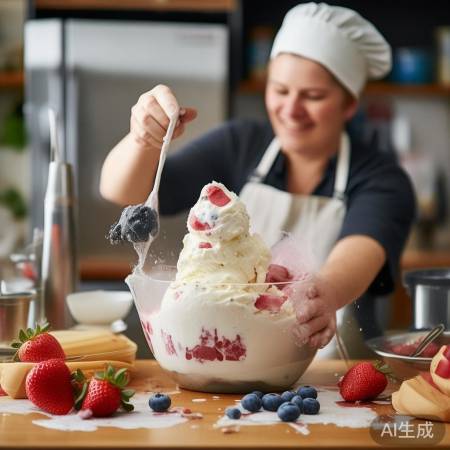 “牛奶淡奶油比例，选新鲜水果，
