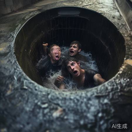 俩小伙掉进险恶排水口