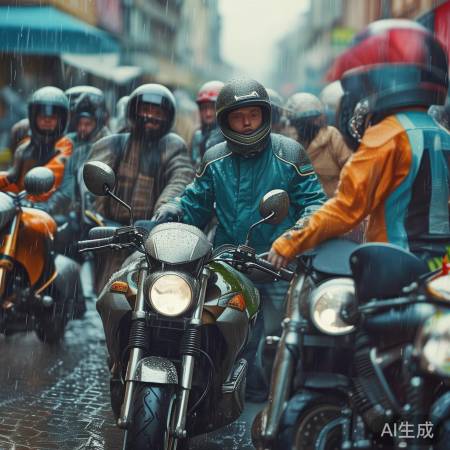 摩友遇雨，尴尬躲雨