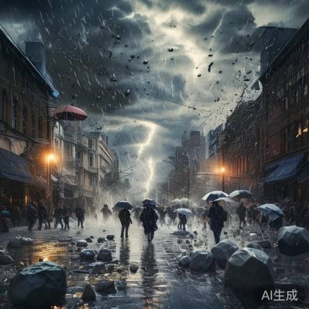 雨中冰雹大小不一,闪光灯照亮天