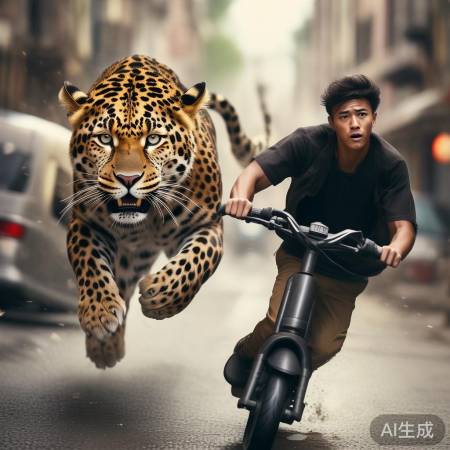 小哥骑电动车与豹子追逐