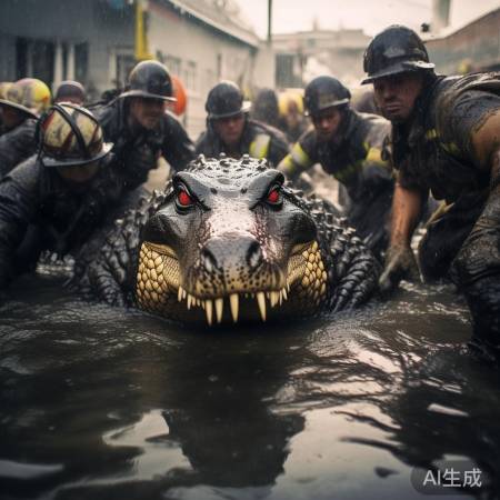 消防员合力拖鳄鱼出下水道